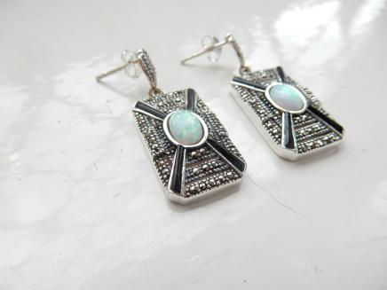 Photo of Art Deco Opal & Black Enamel Earrings