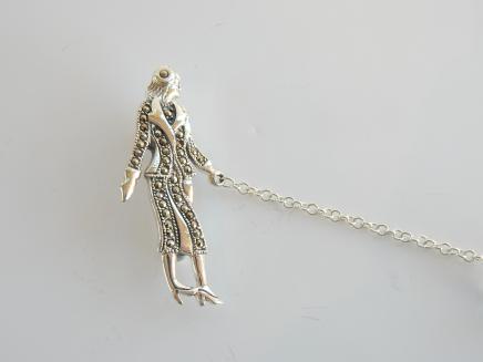 Photo of Silver & Marcasite Lady Walking Dog Brooch