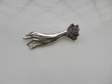 Photo of Art Deco Fine Silver & Pearl Ladies Hand Brooch