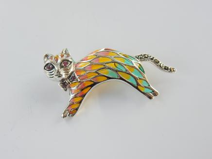 Photo of Silver Ruby Plique a Jour Cat Brooch
