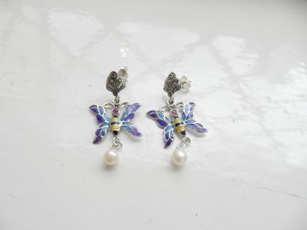 Photo of Pair French Enamel Butterfly Earrings