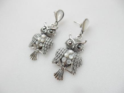 Photo of Pair Silver Marcasite Owl Earrings