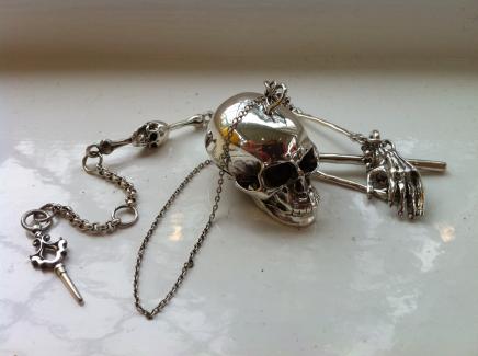 Photo of Solid Silver Fob Watch Chain & Gothic Skull Snuff Container
