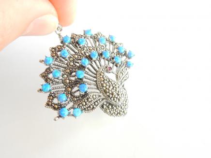 Photo of Silver Opal Ruby & Marcasite Peacock Pendant