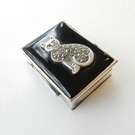 Photo of Sterling Silver Black Marcasite Cat Pill Box