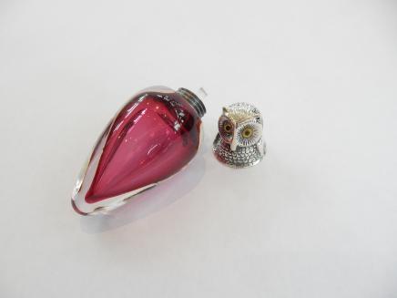 Photo of Sterling Silver & Cranberry Glass Owl Scent Bottle