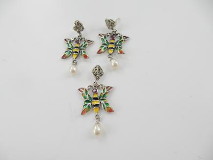 Photo of Silver Marcasite & French Enamel Butterfly Set