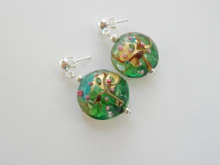 Photo of Vintage Green Glass Hand Decorated Earrings