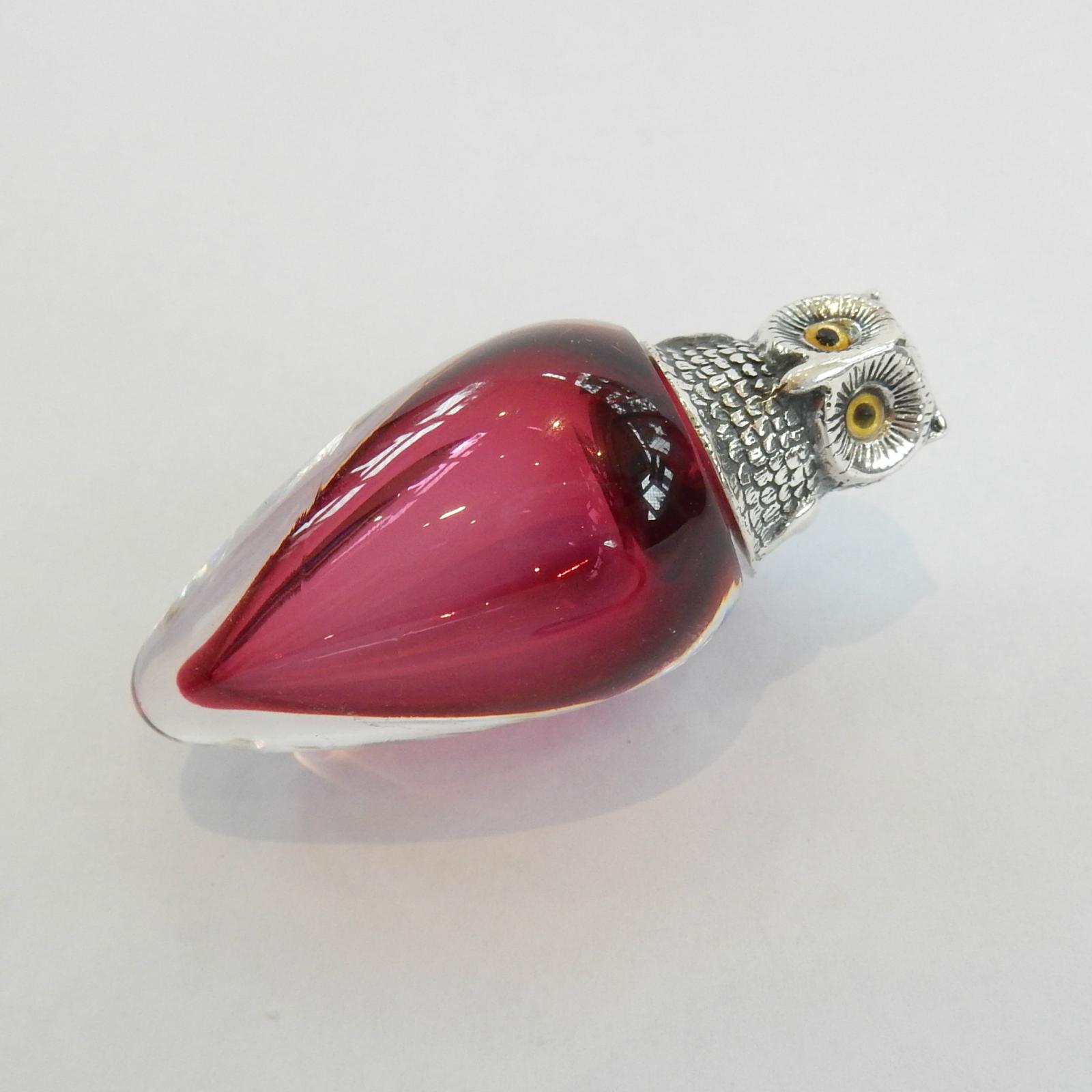 Photo of Sterling Silver & Cranberry Glass Owl Scent Bottle