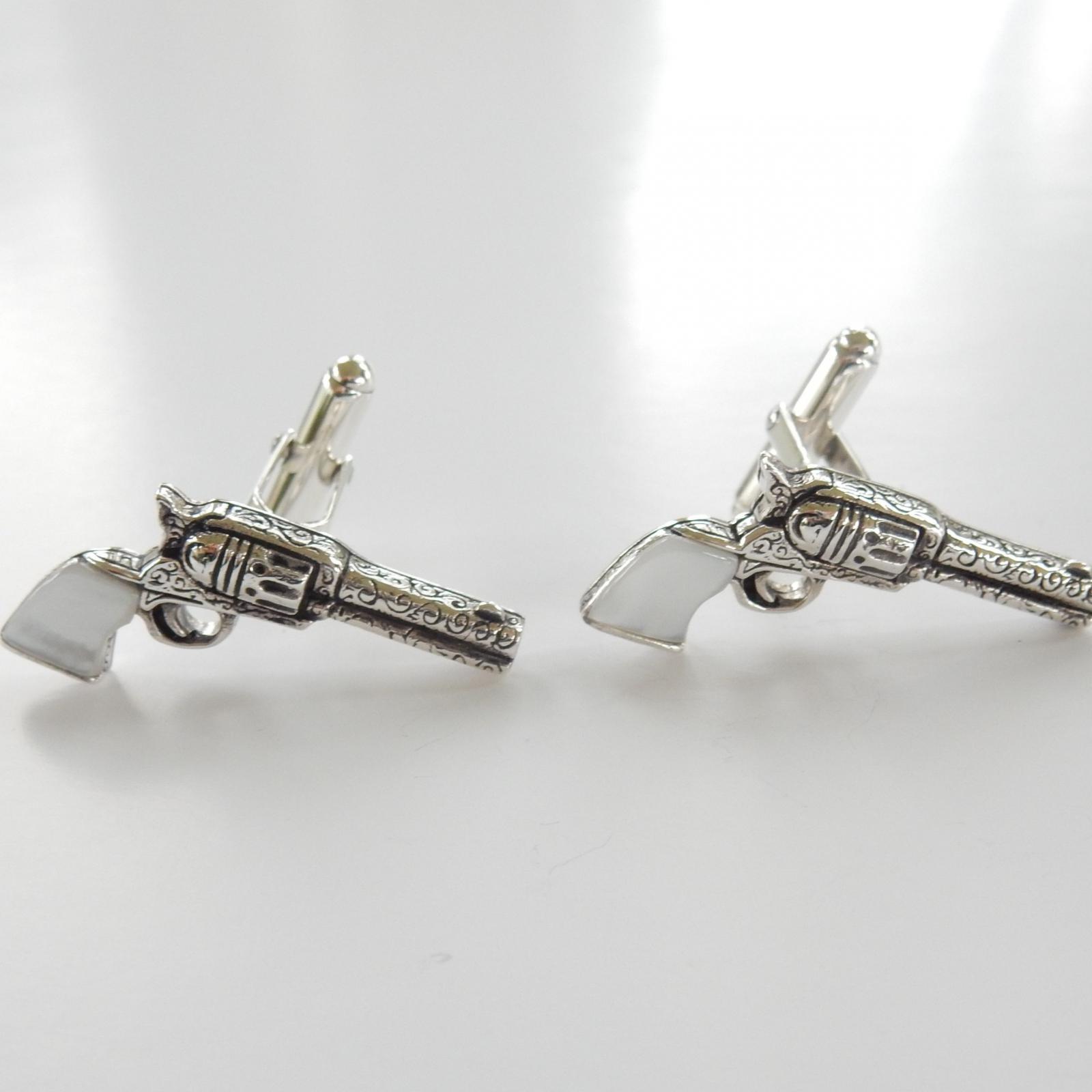 Photo of Solid Silver & Mother of Pearl Mens Pistol Cufflinks