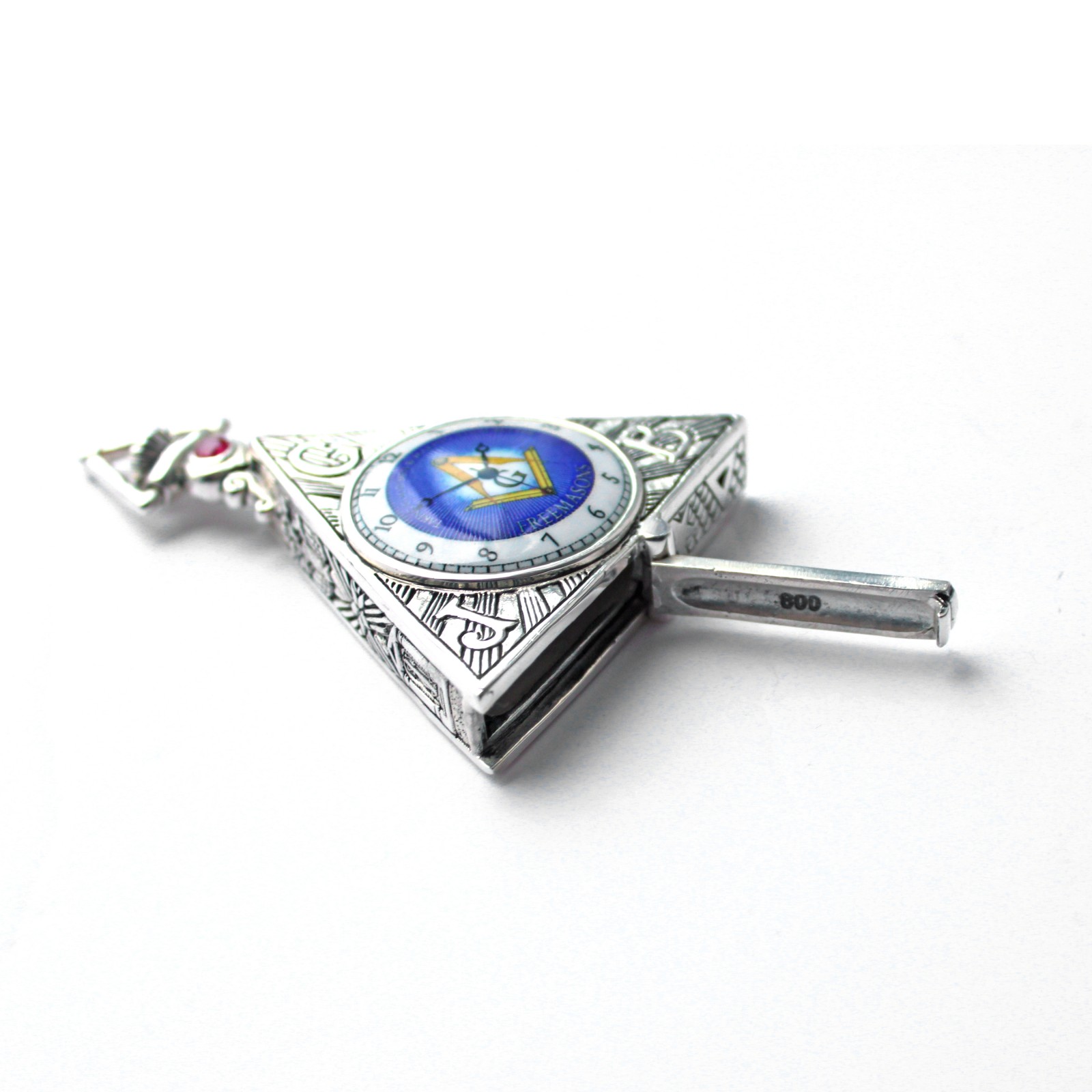 Photo of 800 Silver Masonic Freemason Square & Compass Vesta Match Safe with Ruby Stone