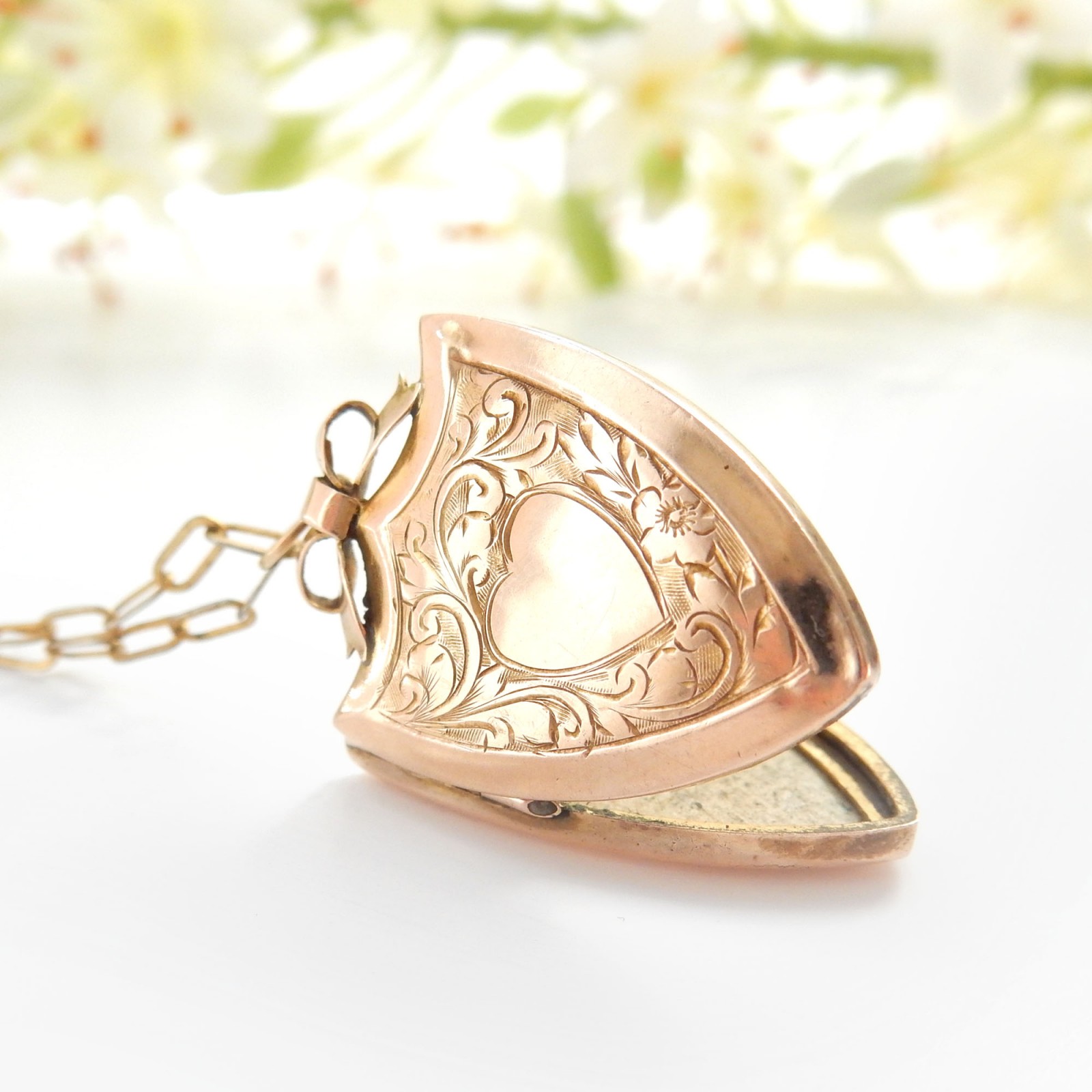 Photo of Antique 9 Carat Gold Shield Locket with Bow 9k Gold Necklace Edwardian Jewelry