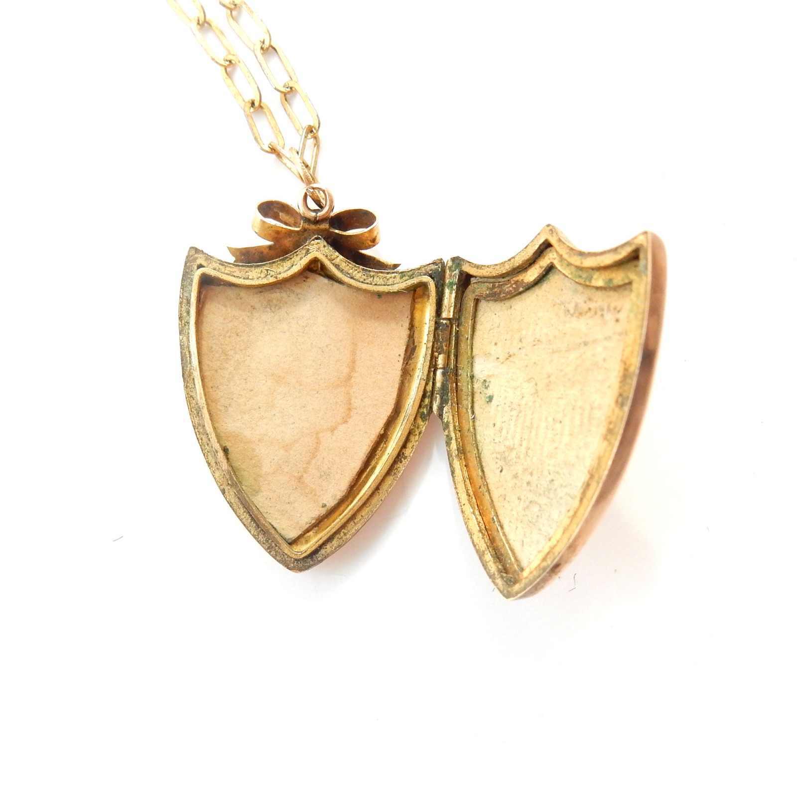 Photo of Antique 9 Carat Gold Shield Locket with Bow 9k Gold Necklace Edwardian Jewelry