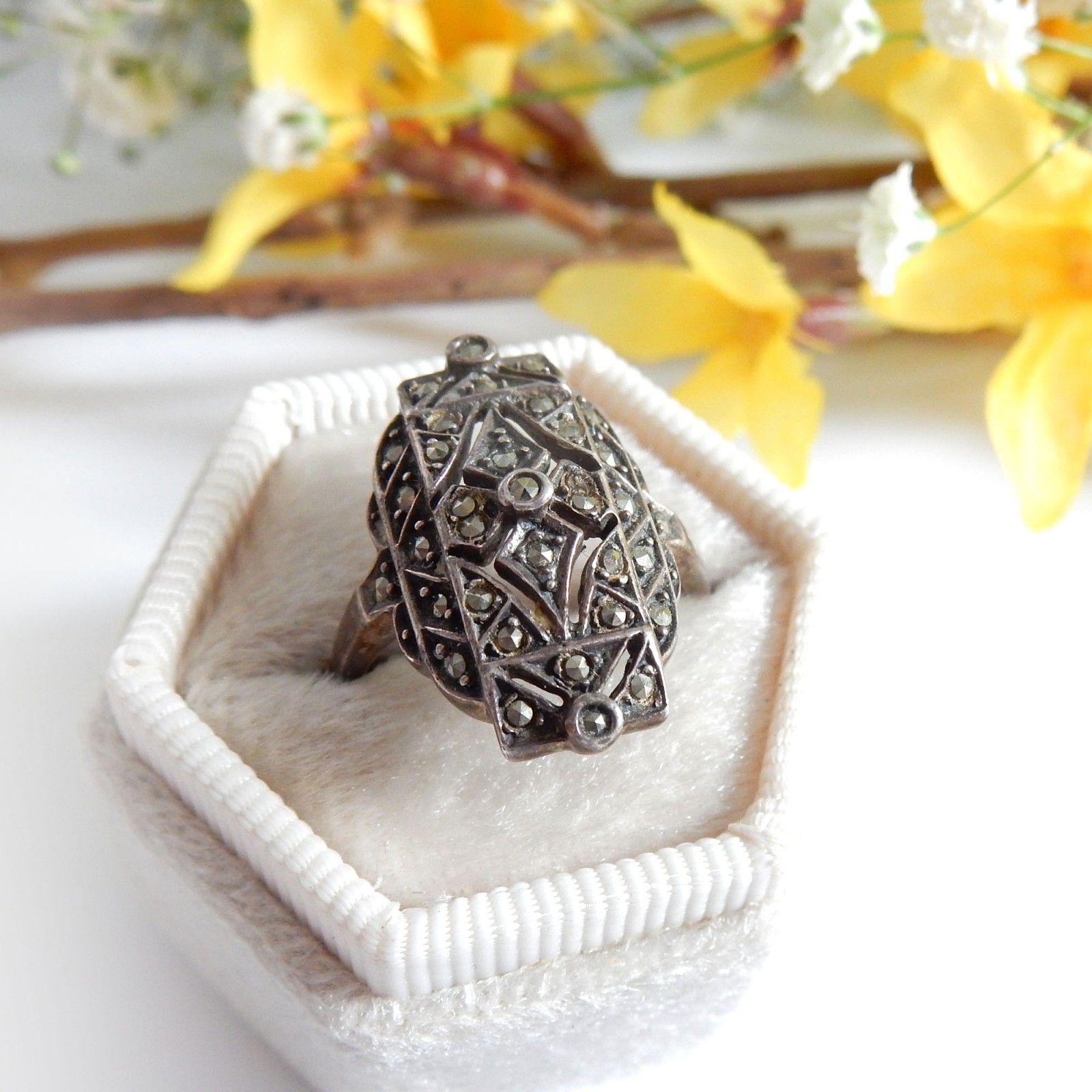 Vintage Marcasite Ring Size 7 Long Ring Size 7 Long Marcasite Ring Woman Ring Size 7 Art Deco Ring Size 7 Sterling Silver Ring BoHo Ring