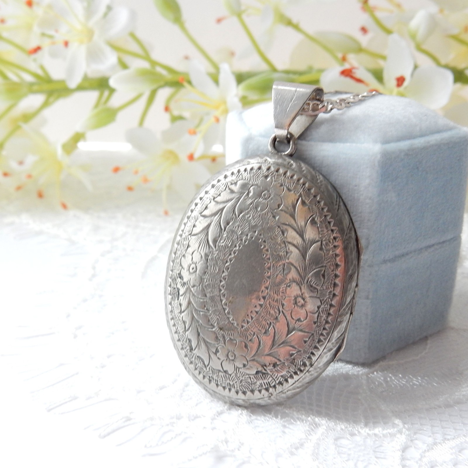 Antique Small Silver Locket with Rose on Chain - Hallmarked 1903