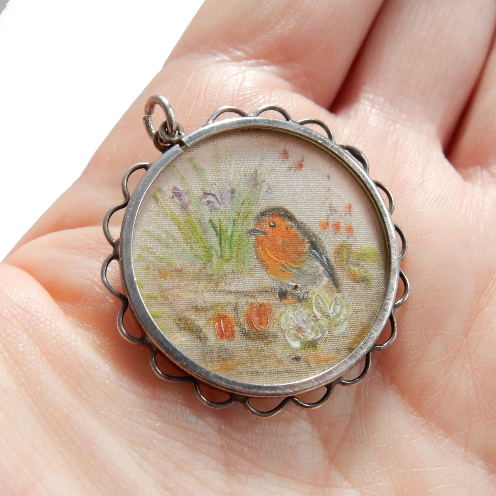 Photo of Antique Painted Robin on Silk Silver Locket Pendant