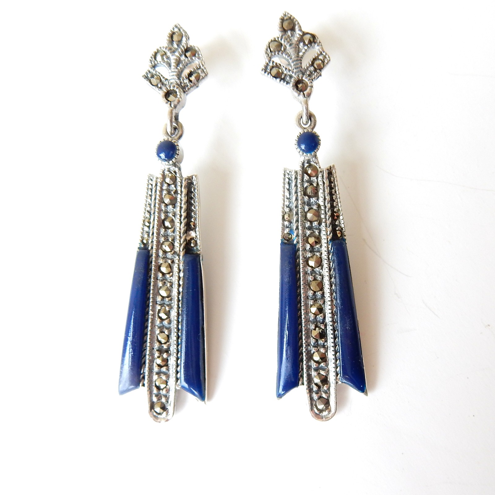 Photo of Art Deco Lapis Lazuli Marcasite Droplet Earrings Solid Silver