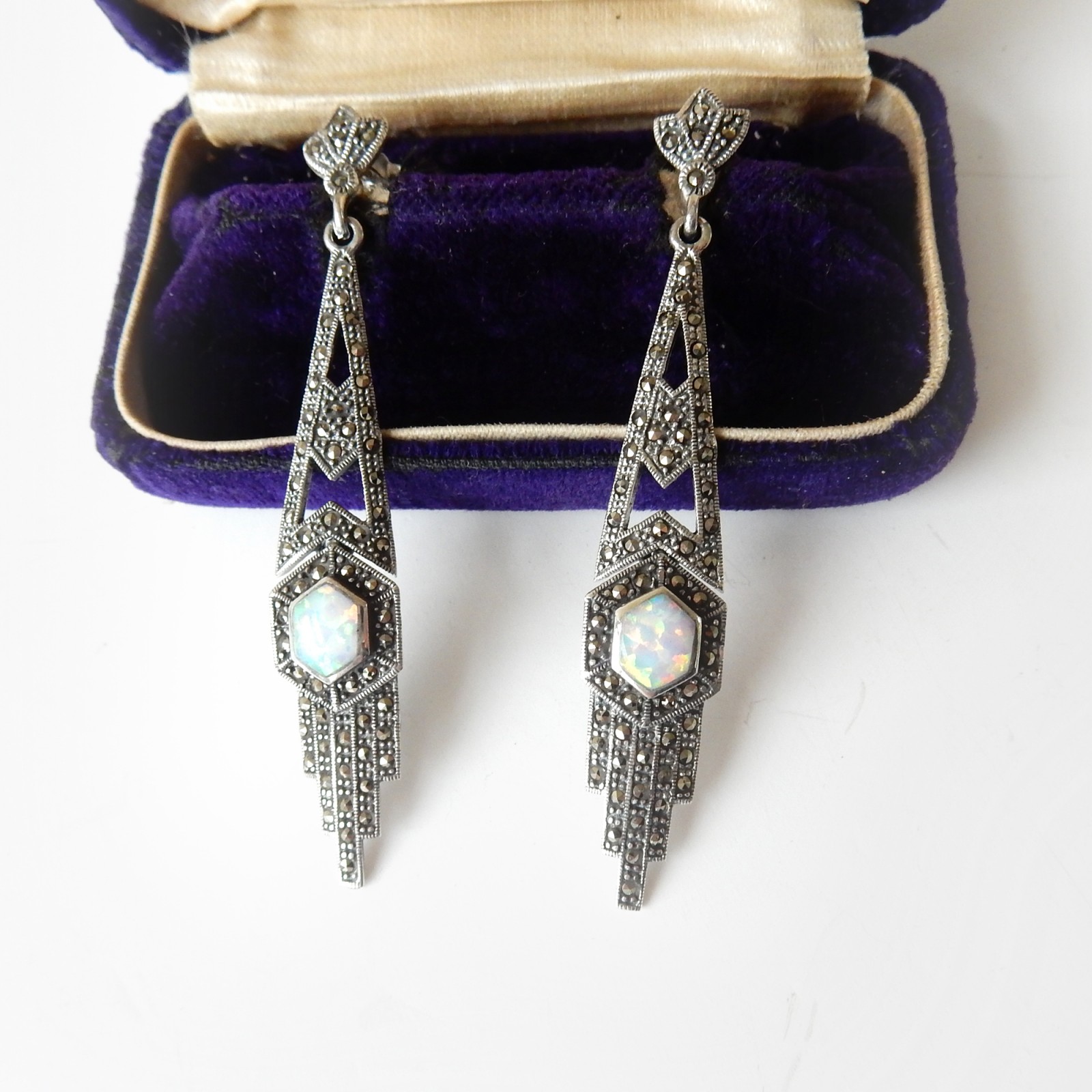 Photo of Art Deco Opal Marcasite Earring Solid Silver