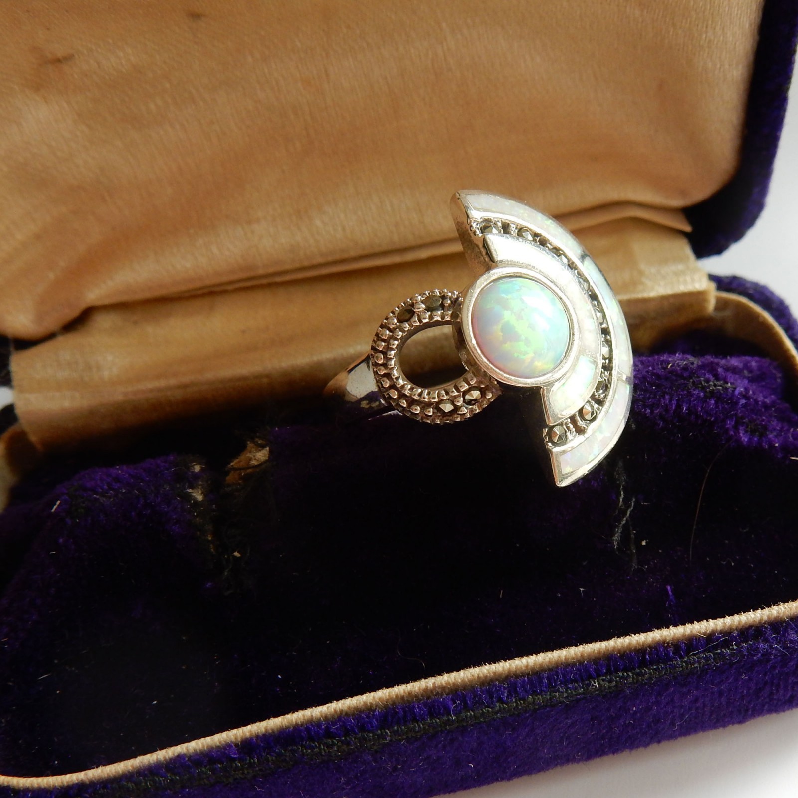 Photo of Art Deco Opal Marcasite Ring Solid Silver