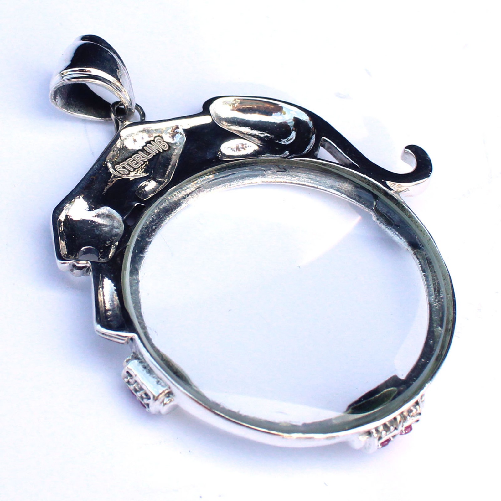 Photo of Art Deco style Solid Silver Ruby Jaguar Cat Optical Loupe Glass Pendant