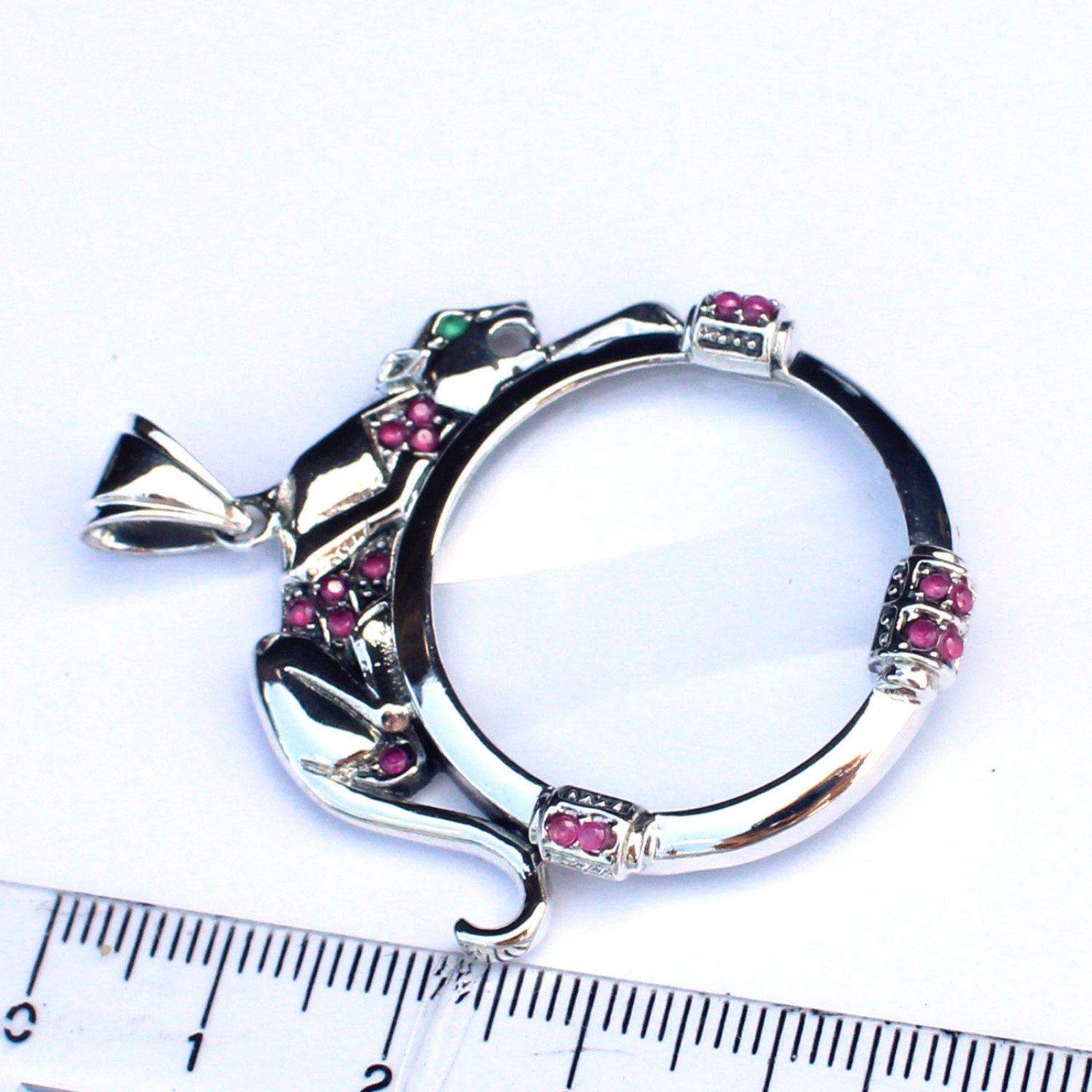 Photo of Art Deco style Solid Silver Ruby Jaguar Cat Optical Loupe Glass Pendant