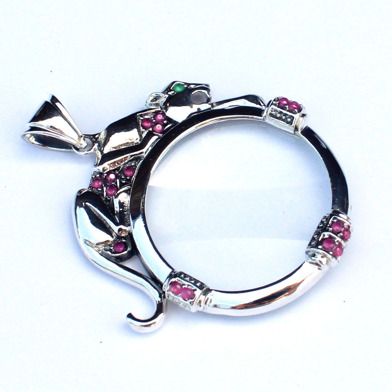 Photo of Art Deco style Solid Silver Ruby Jaguar Cat Optical Loupe Glass Pendant