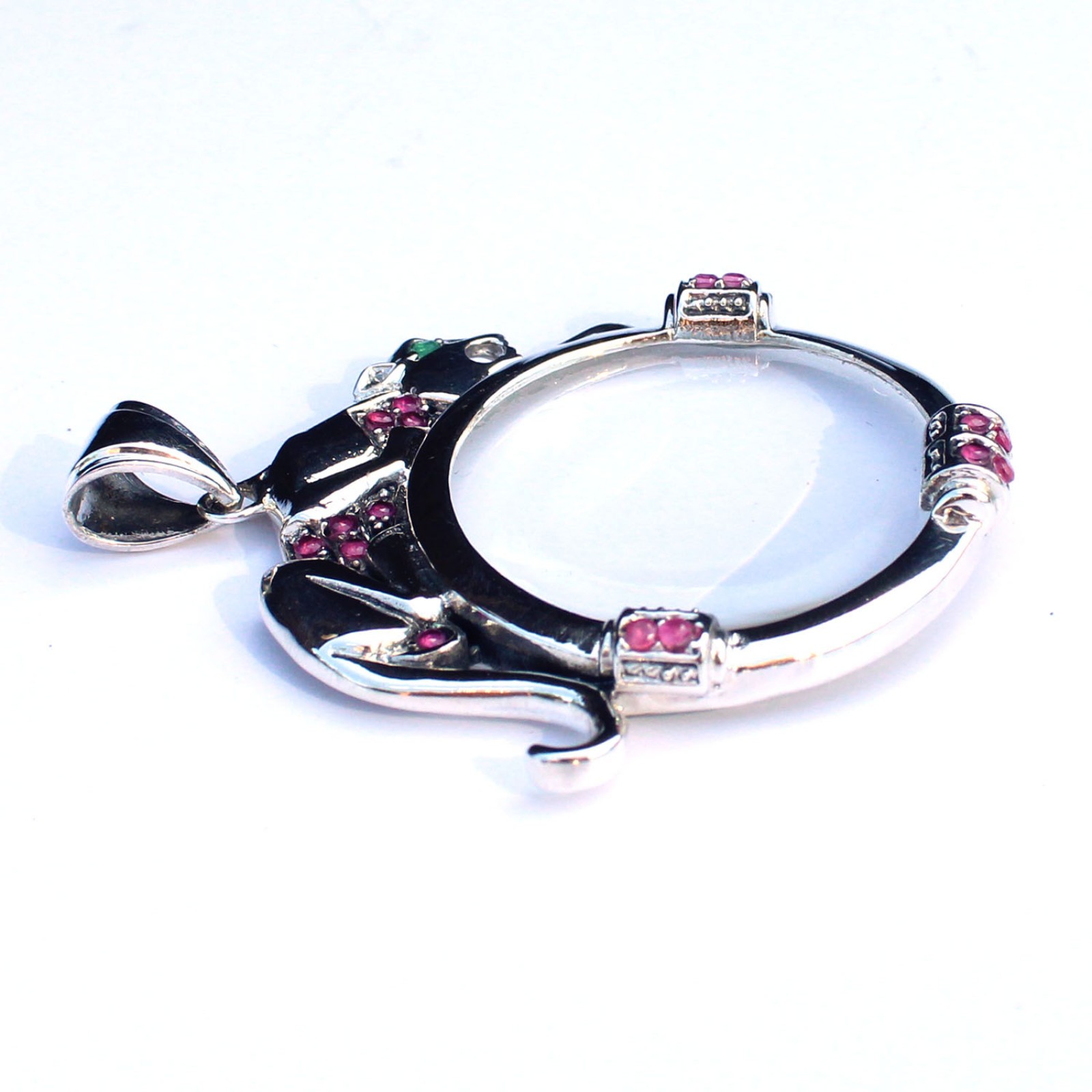 Photo of Art Deco style Solid Silver Ruby Jaguar Cat Optical Loupe Glass Pendant