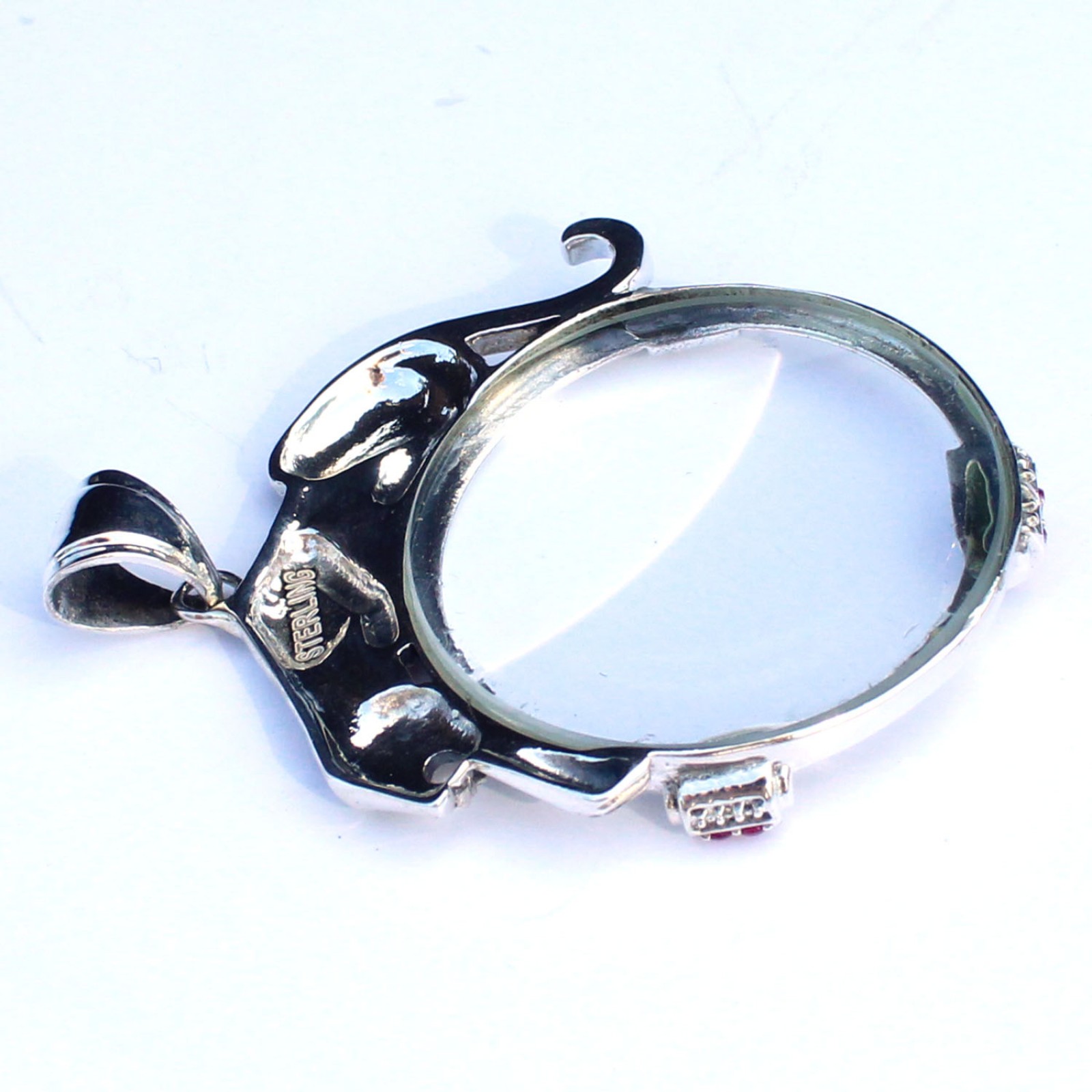 Photo of Art Deco style Solid Silver Ruby Jaguar Cat Optical Loupe Glass Pendant