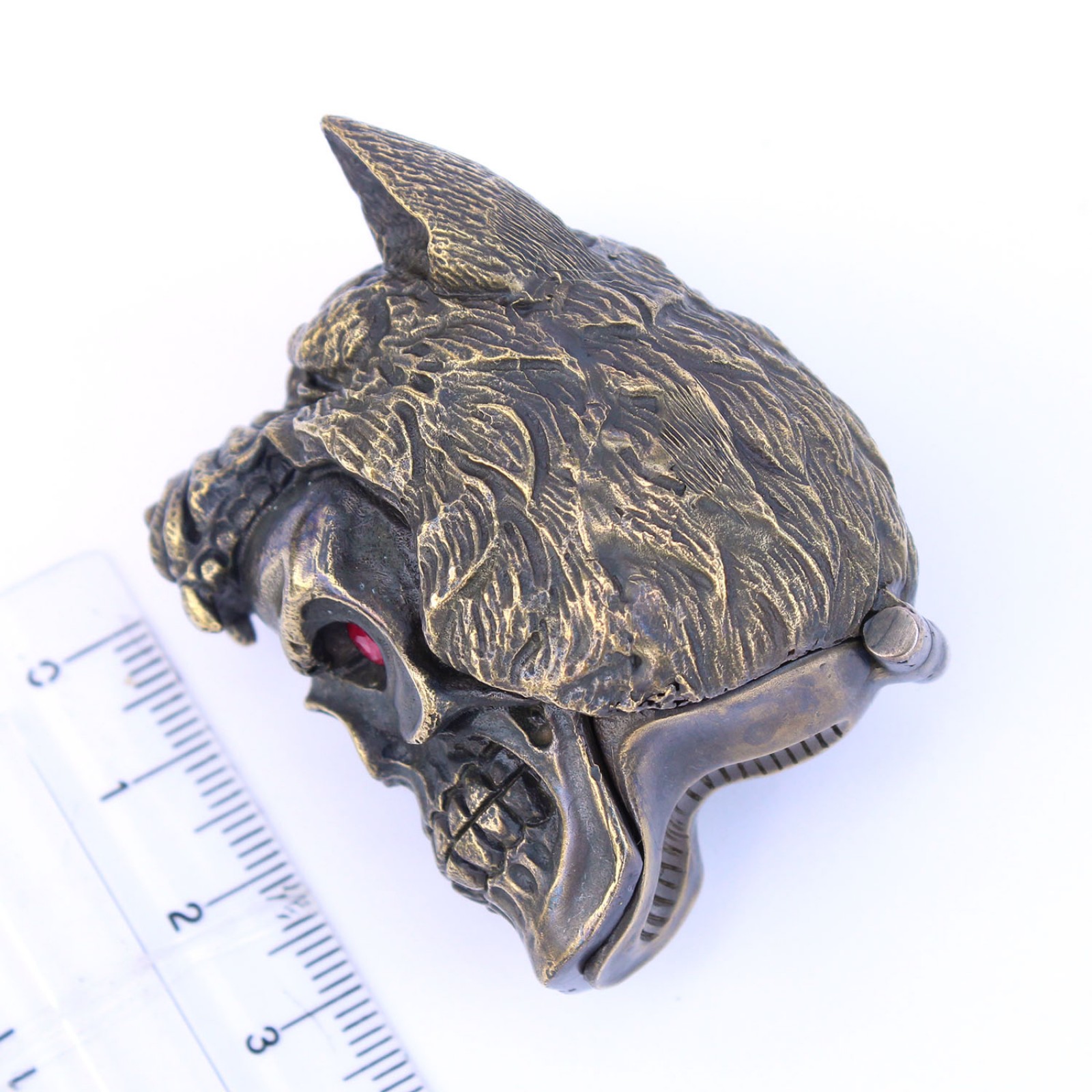 Photo of Brass Skull with Wolf Snuff Container Vesta Match Safe