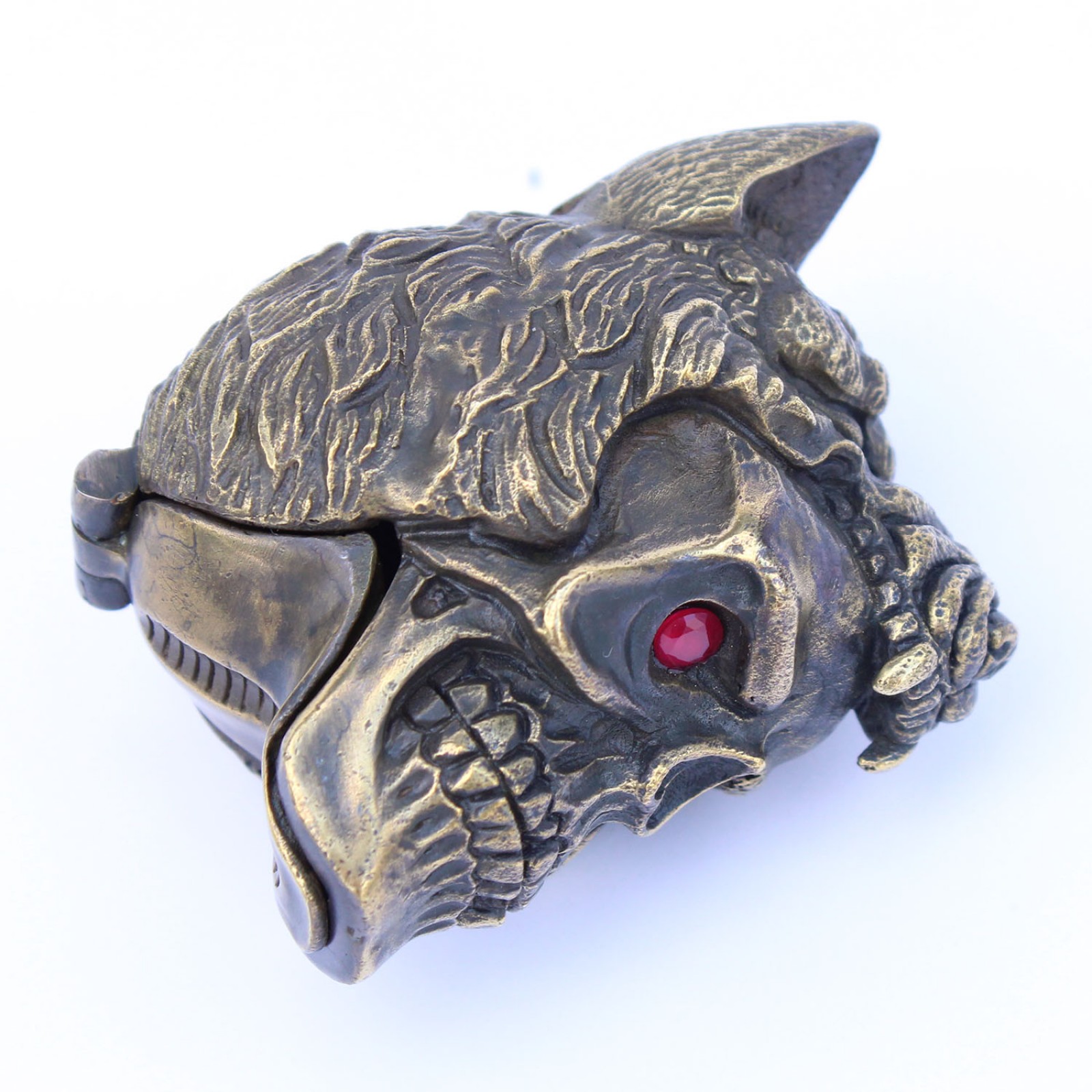 Photo of Brass Skull with Wolf Snuff Container Vesta Match Safe