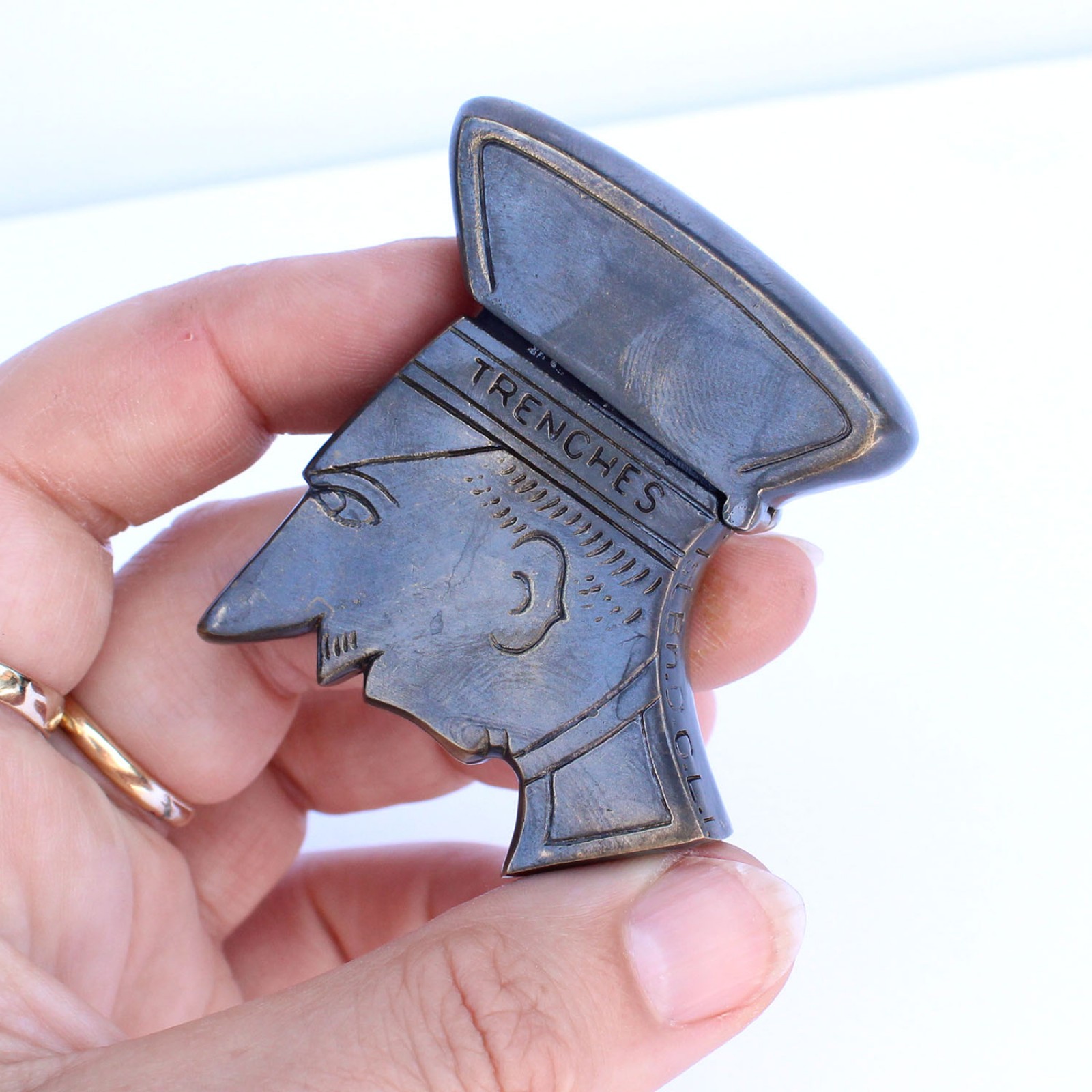 Photo of Brass WW1 Soldier YPRES 1915 Trench Art Man Vesta Case Match Safe