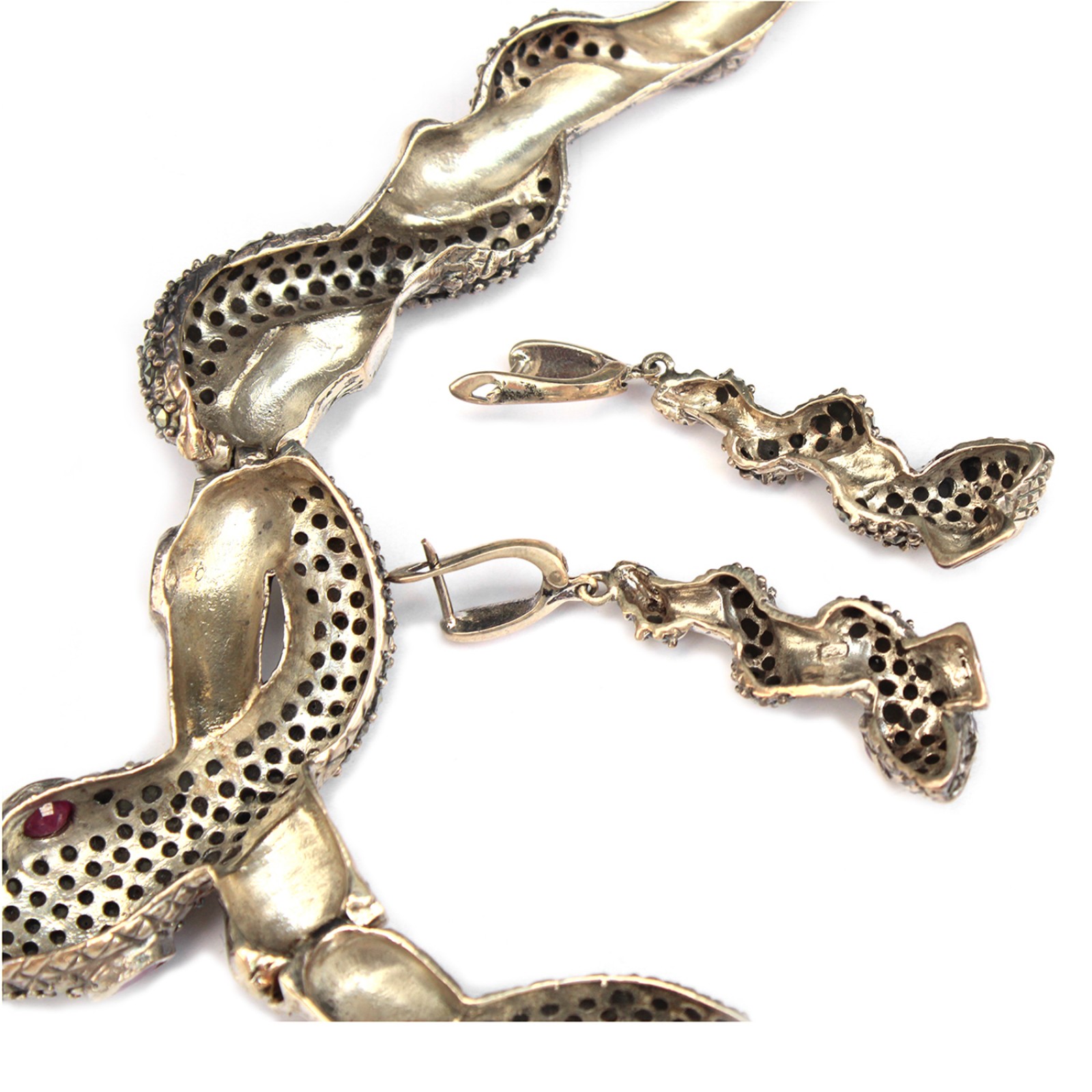 Photo of Exceptional Chunky Sterling Silver Marcasite Snake Collar & Earrings