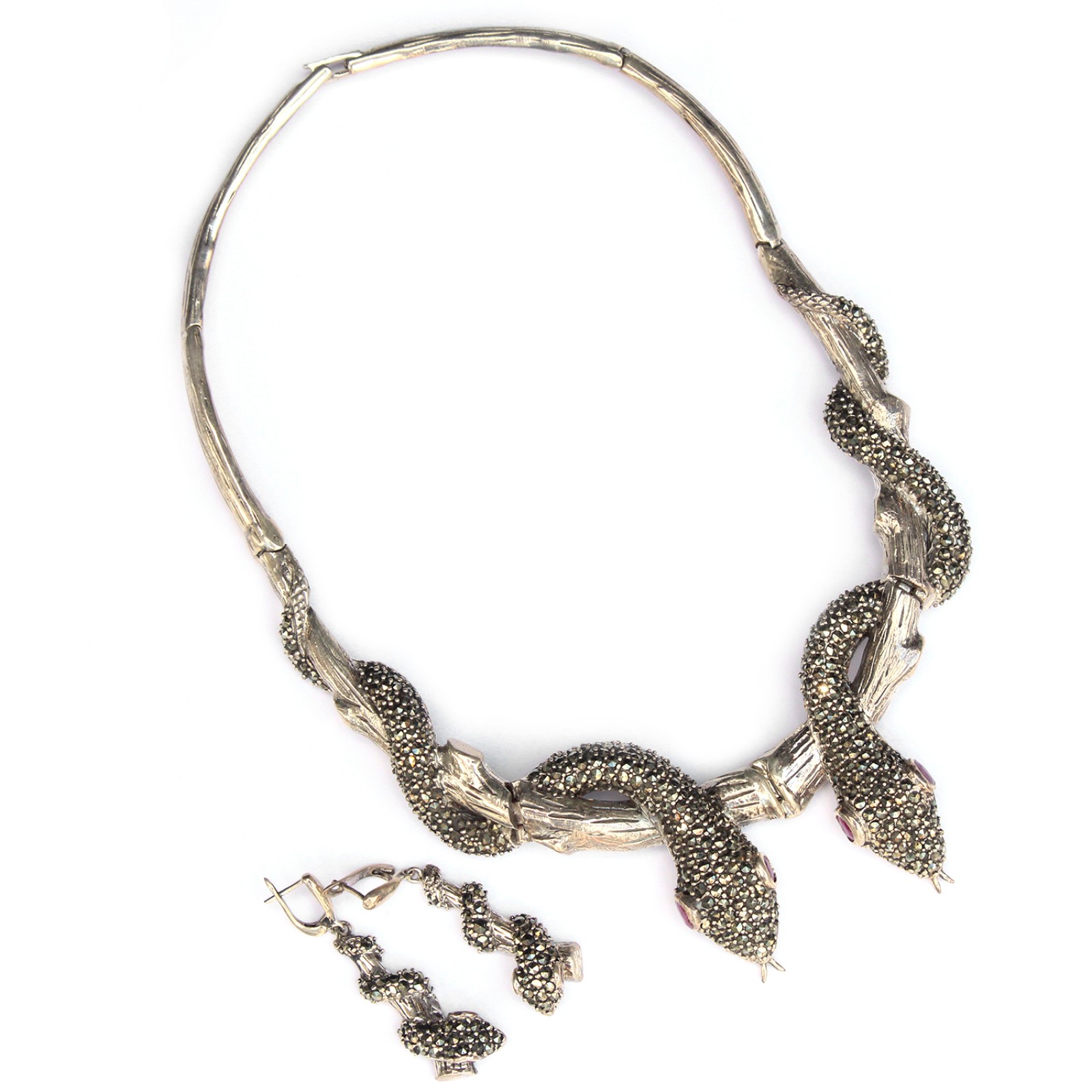 Photo of Exceptional Chunky Sterling Silver Marcasite Snake Collar & Earrings