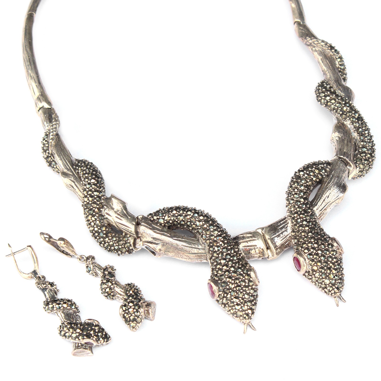 Photo of Exceptional Chunky Sterling Silver Marcasite Snake Collar & Earrings