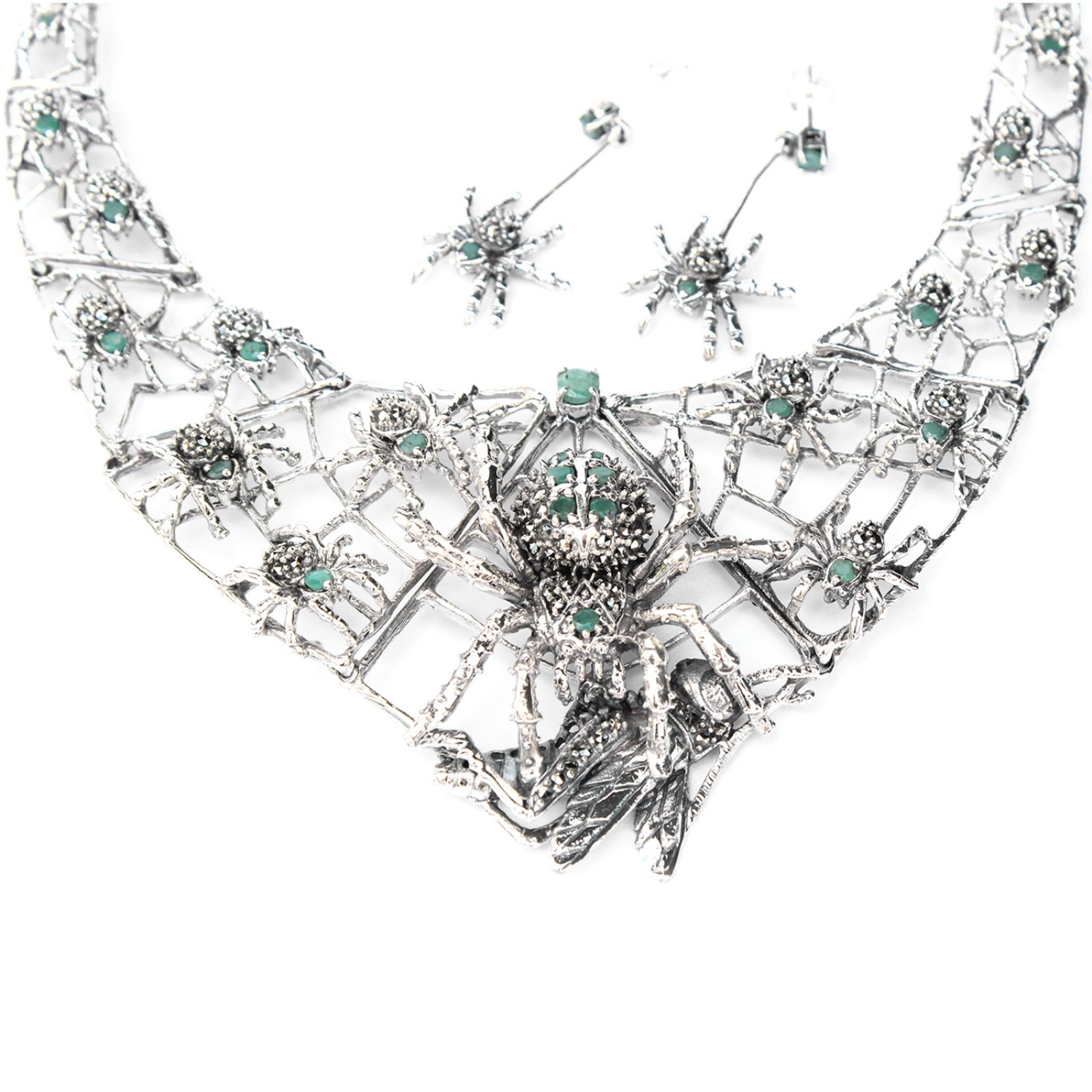 Photo of Exceptional Sterling Silver Emerald Marcasite Collar Necklace with Spider Earrings