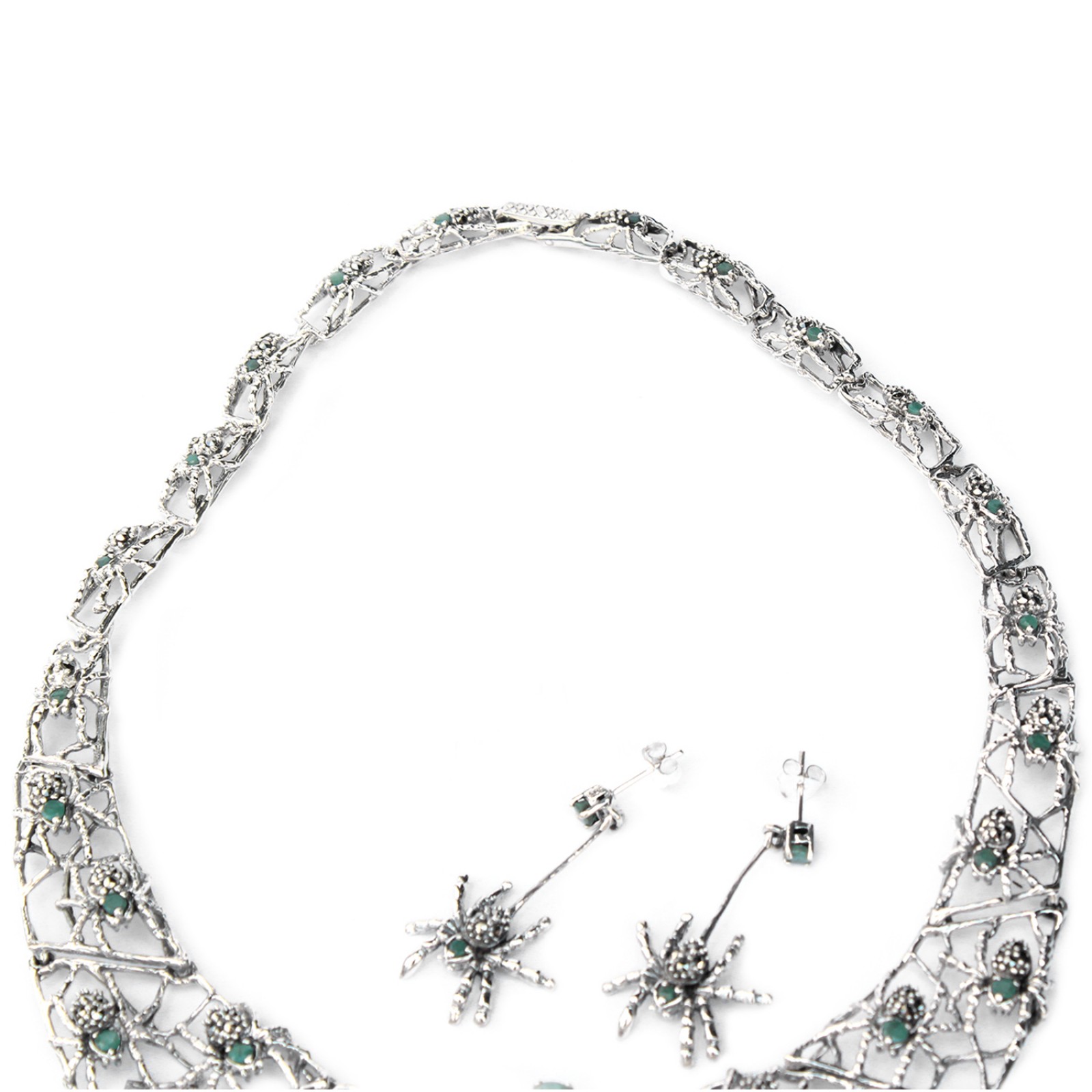 Photo of Exceptional Sterling Silver Emerald Marcasite Collar Necklace with Spider Earrings