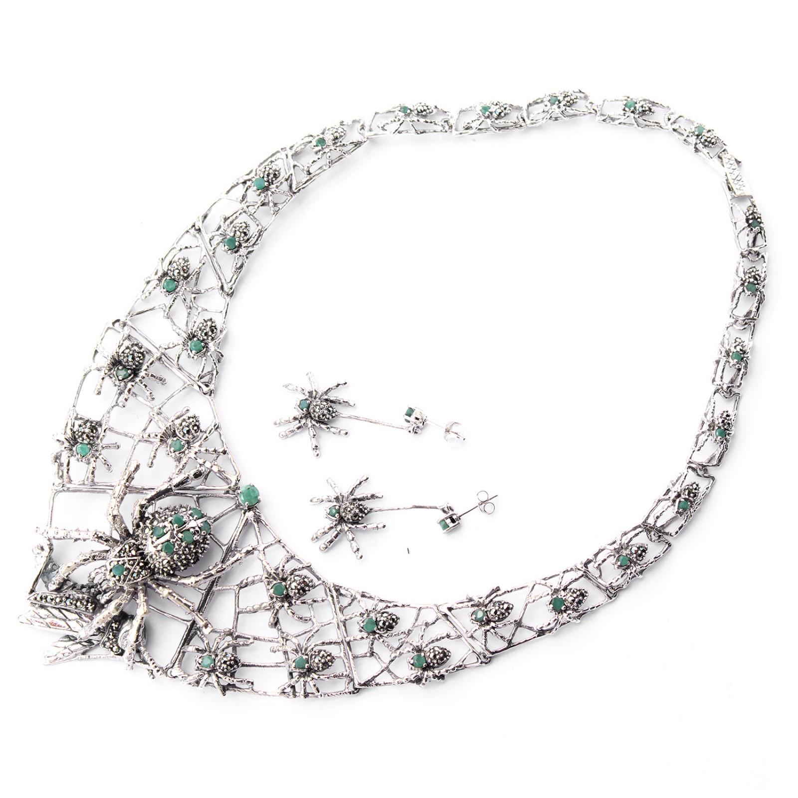 Photo of Exceptional Sterling Silver Emerald Marcasite Collar Necklace with Spider Earrings