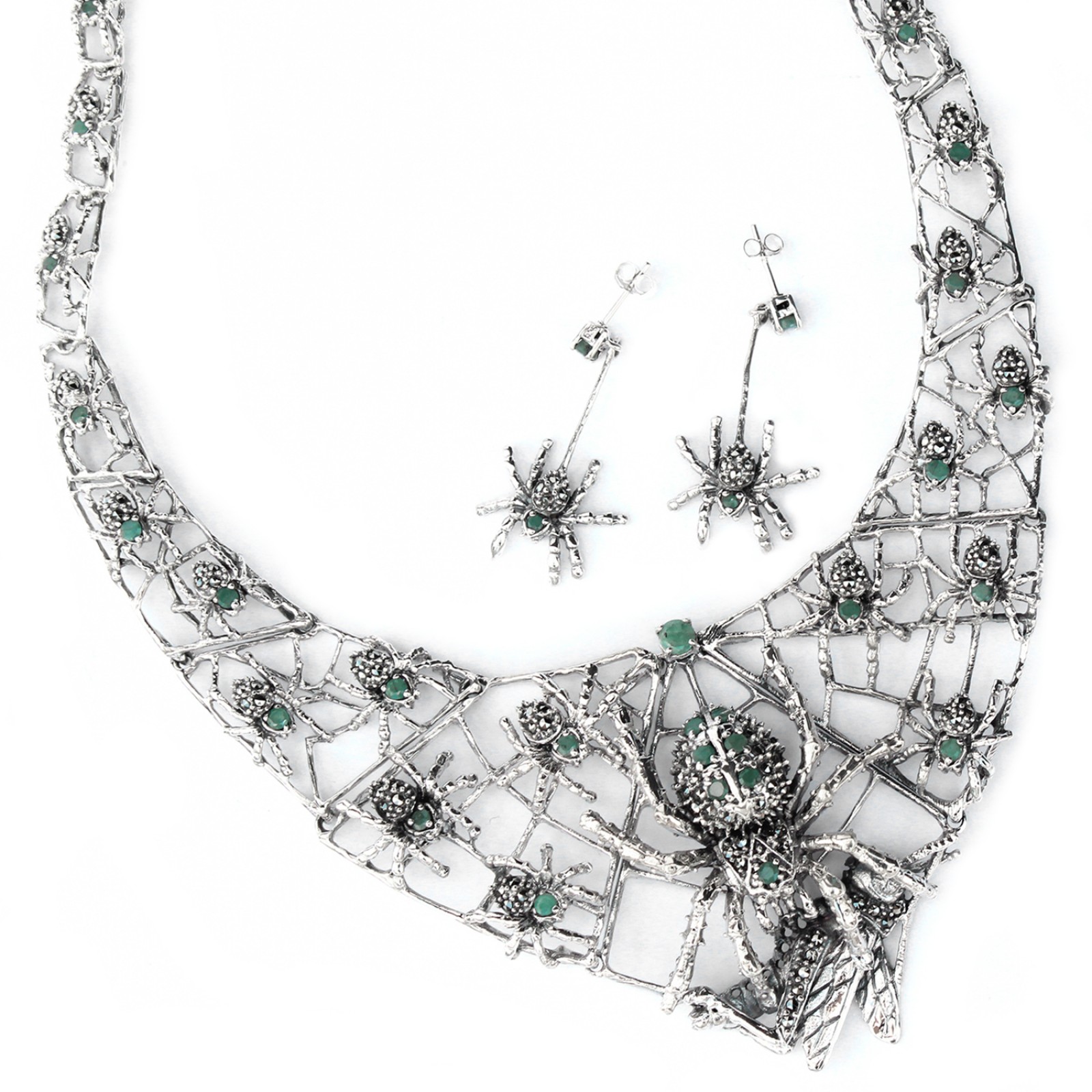 Photo of Exceptional Sterling Silver Emerald Marcasite Collar Necklace with Spider Earrings