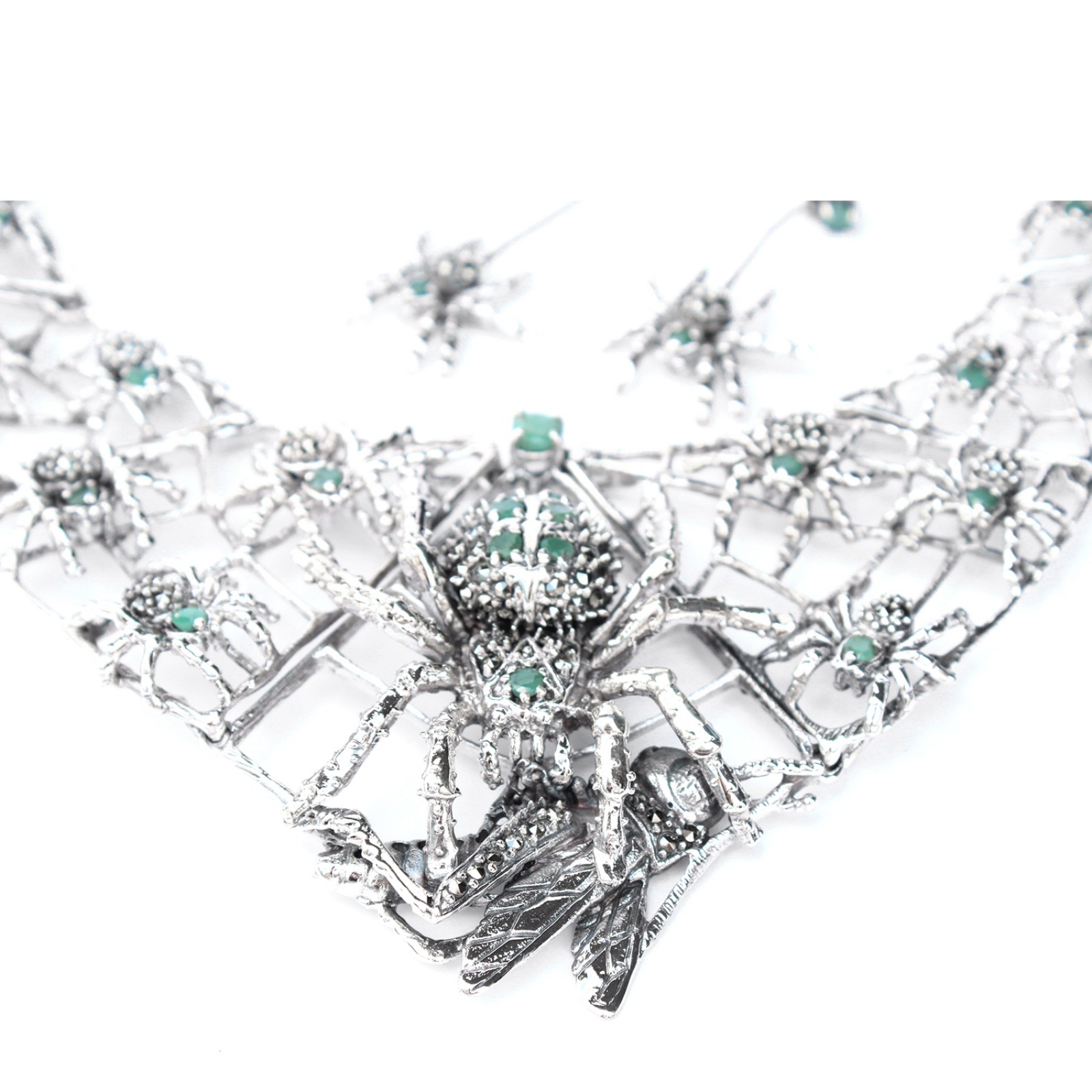 Photo of Exceptional Sterling Silver Emerald Marcasite Collar Necklace with Spider Earrings