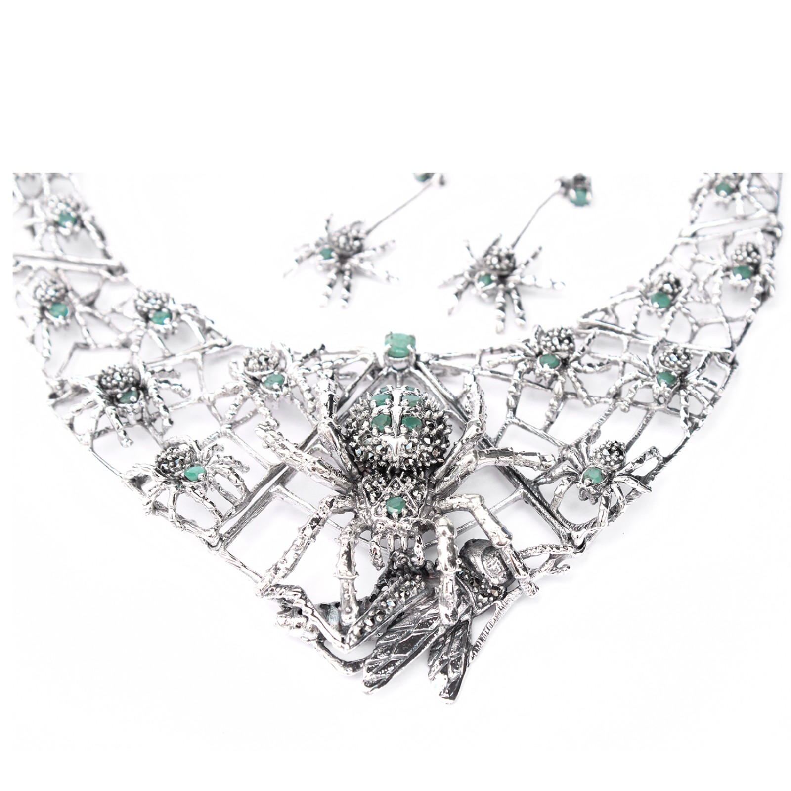 Photo of Exceptional Sterling Silver Emerald Marcasite Collar Necklace with Spider Earrings