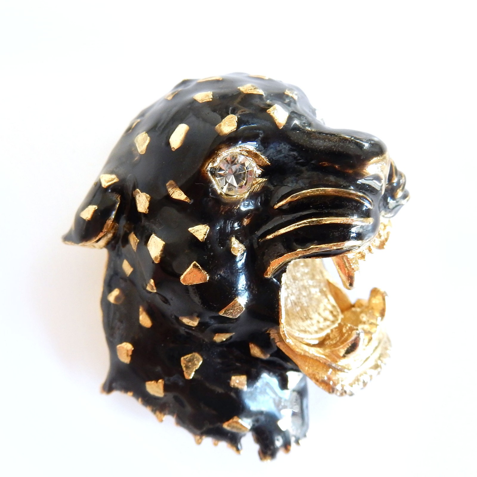 Photo of Large Vintage Enamel Rhinestone Snarling Cat Leopard Brooch 1960s Jewelery
