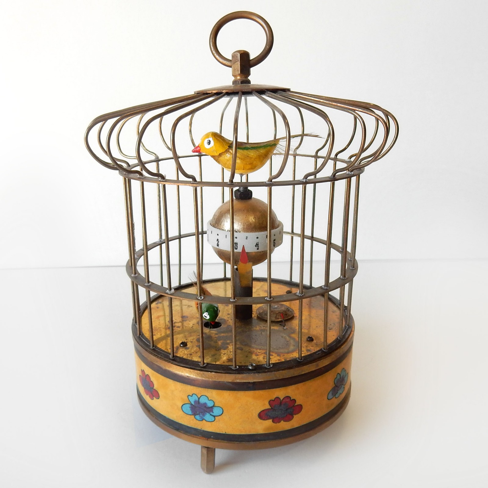 Cloisonne Brass Mechanical Clock Birdcage Shape Three Birds Alarm Clock Function 
