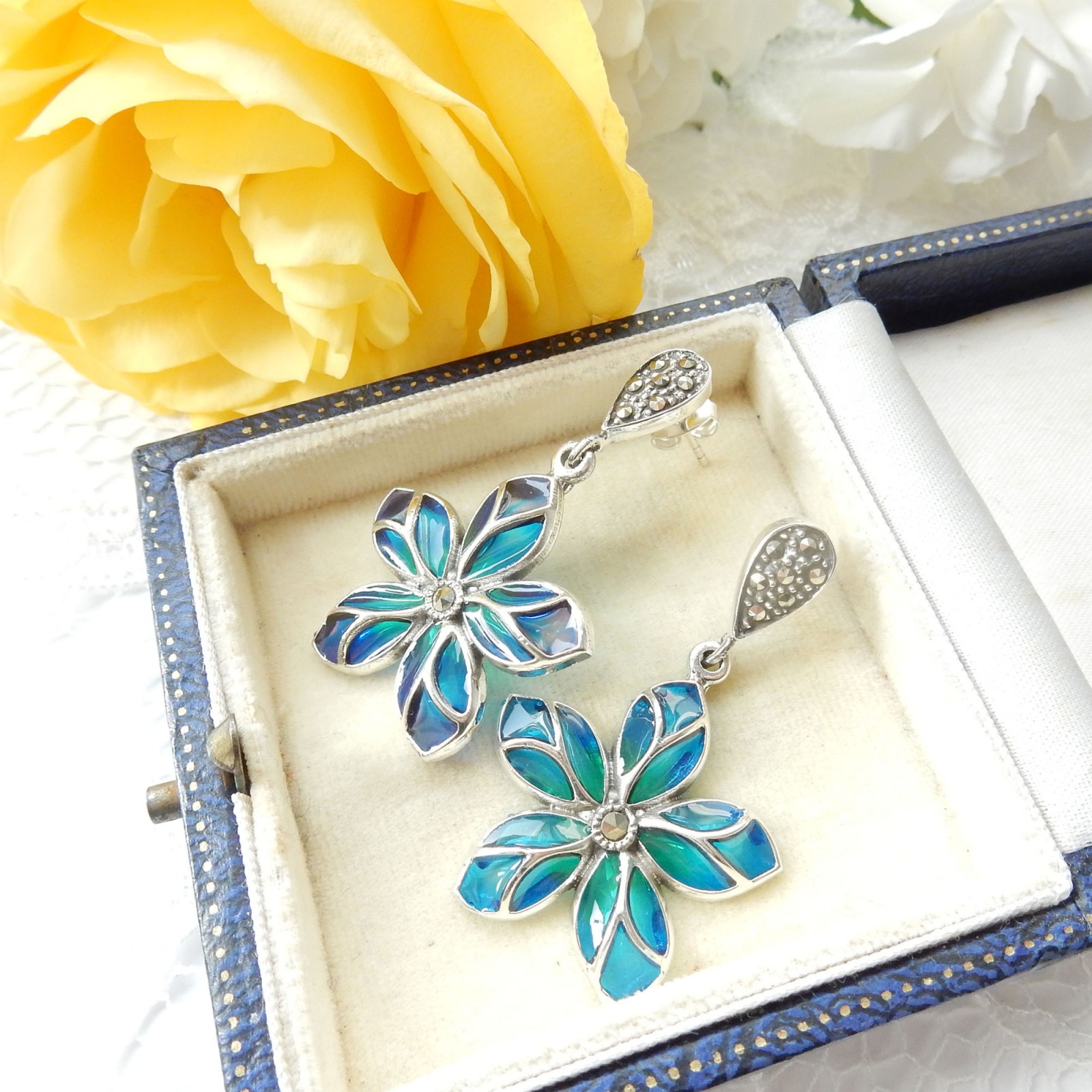 Photo of Plique a Jour Enamel Marcasite Flower Delicate Droplet Earrings Sterling Silver