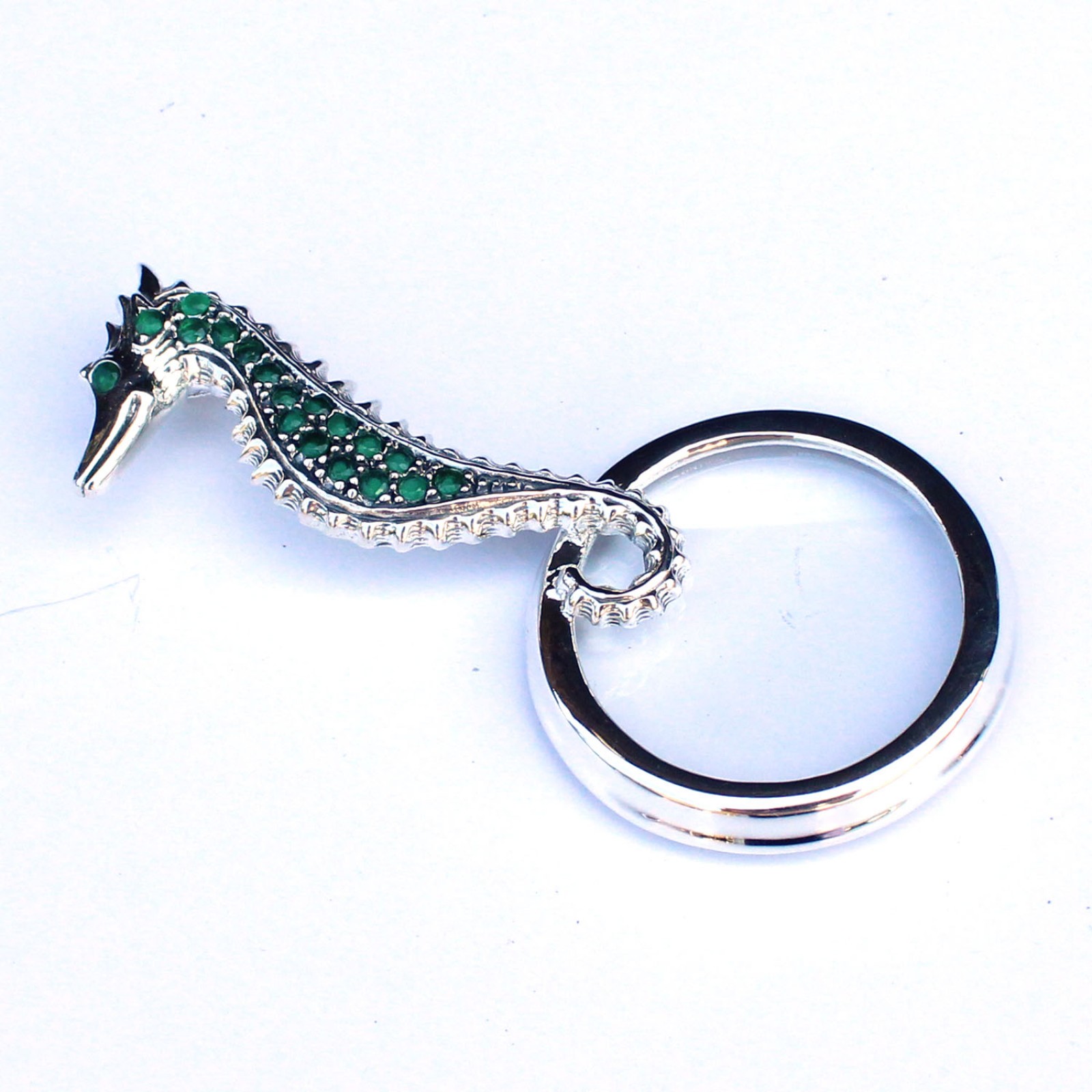 Photo of Solid Silver Emerald Seahorse Magnifying Optical Loupe Glass Pendant