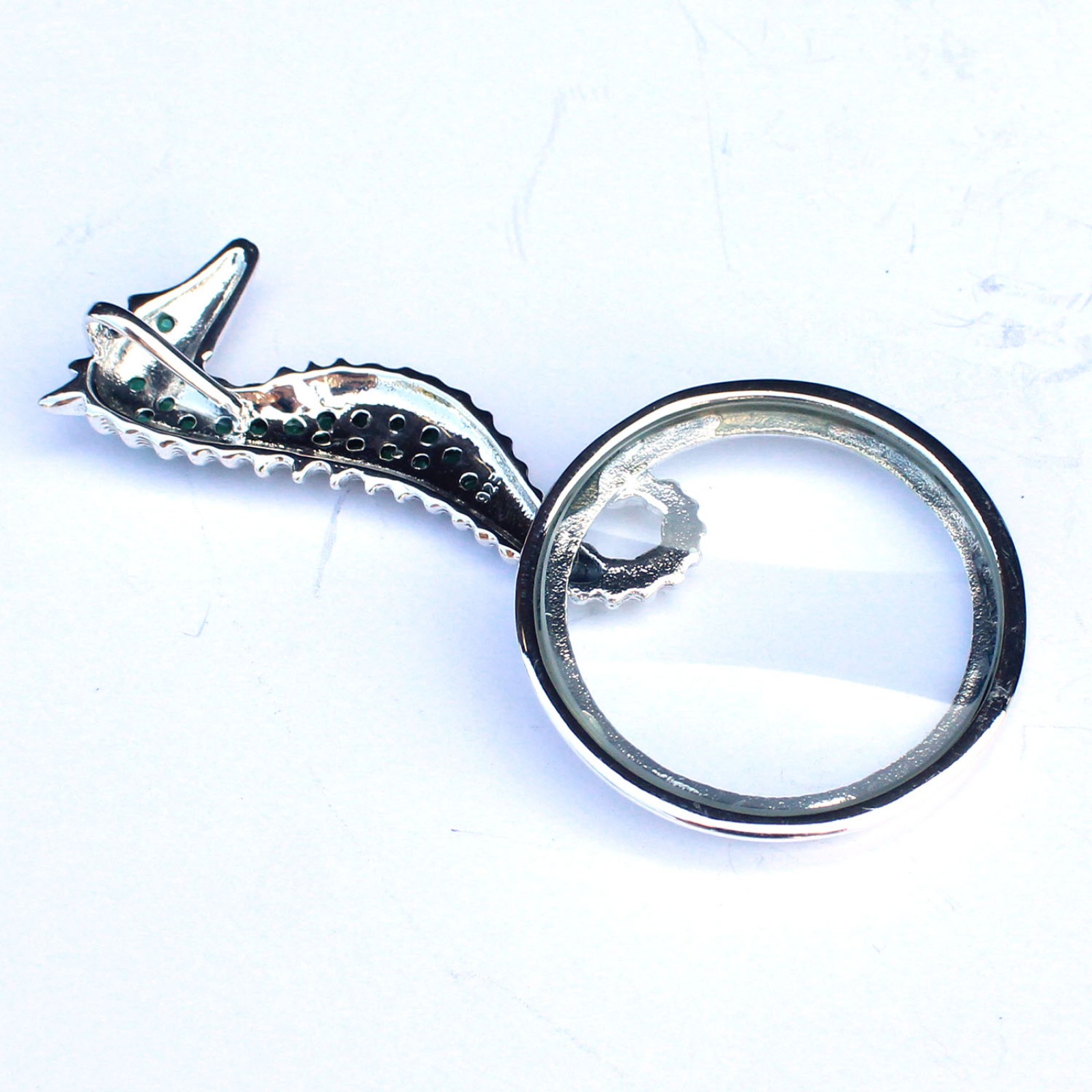 Photo of Solid Silver Emerald Seahorse Magnifying Optical Loupe Glass Pendant