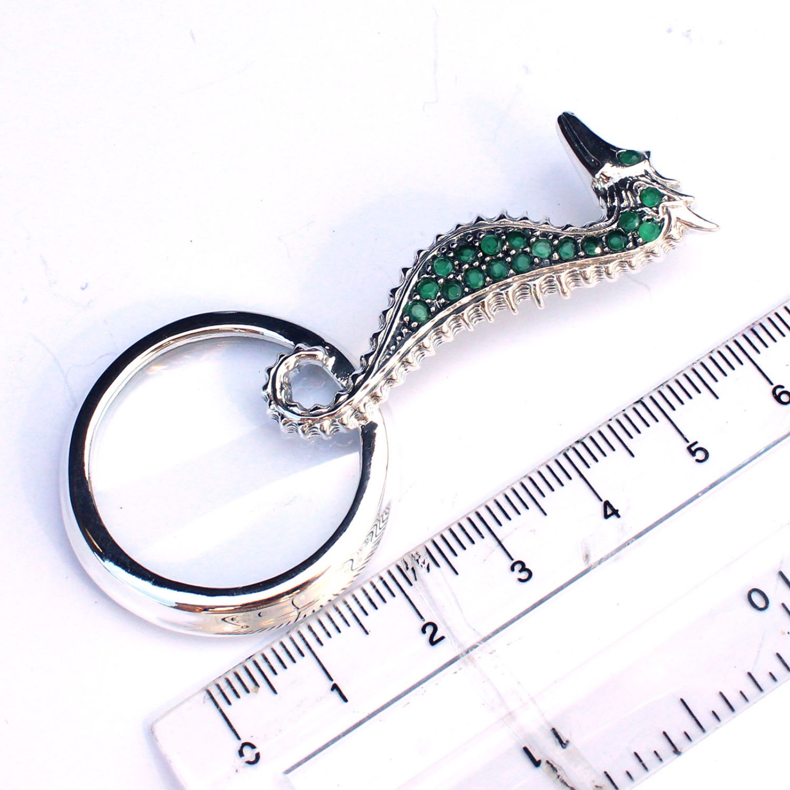 Photo of Solid Silver Emerald Seahorse Magnifying Optical Loupe Glass Pendant