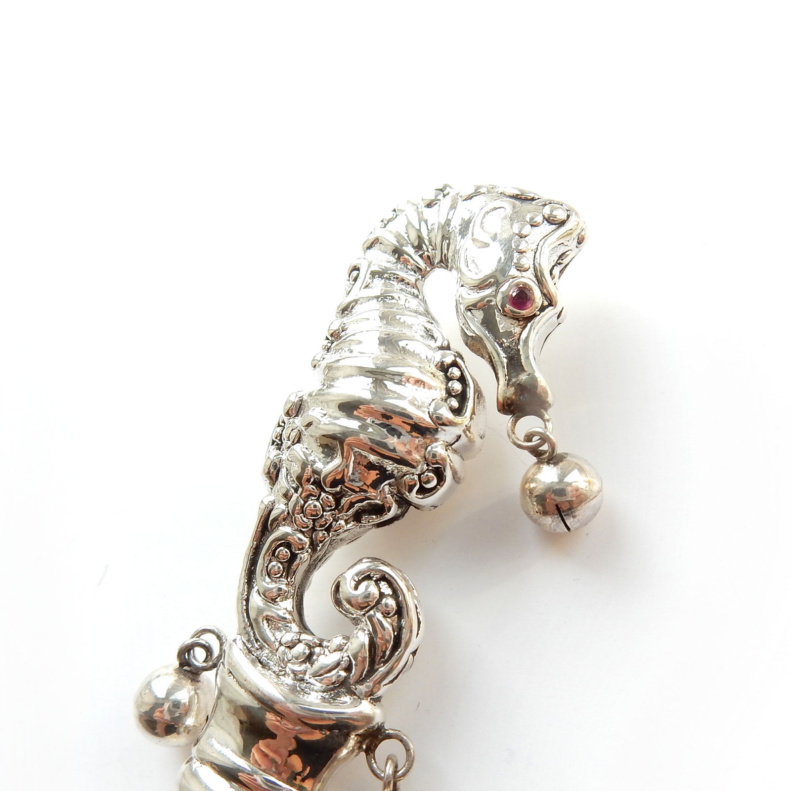 Photo of Solid Silver Pearl Ruby Seahorse Baby Rattle Christening Gift