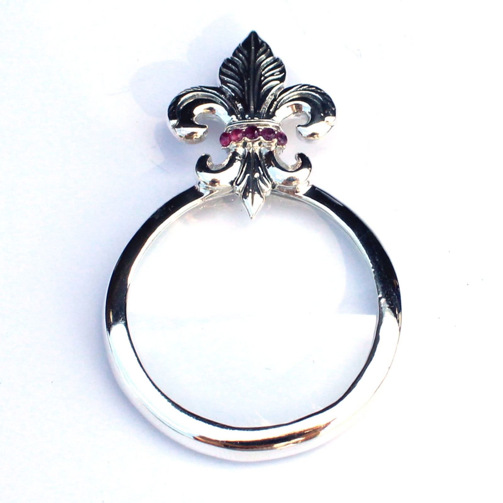 Photo of Solid Silver Ruby Fleur di Lis Optical Loupe Glass Pendant