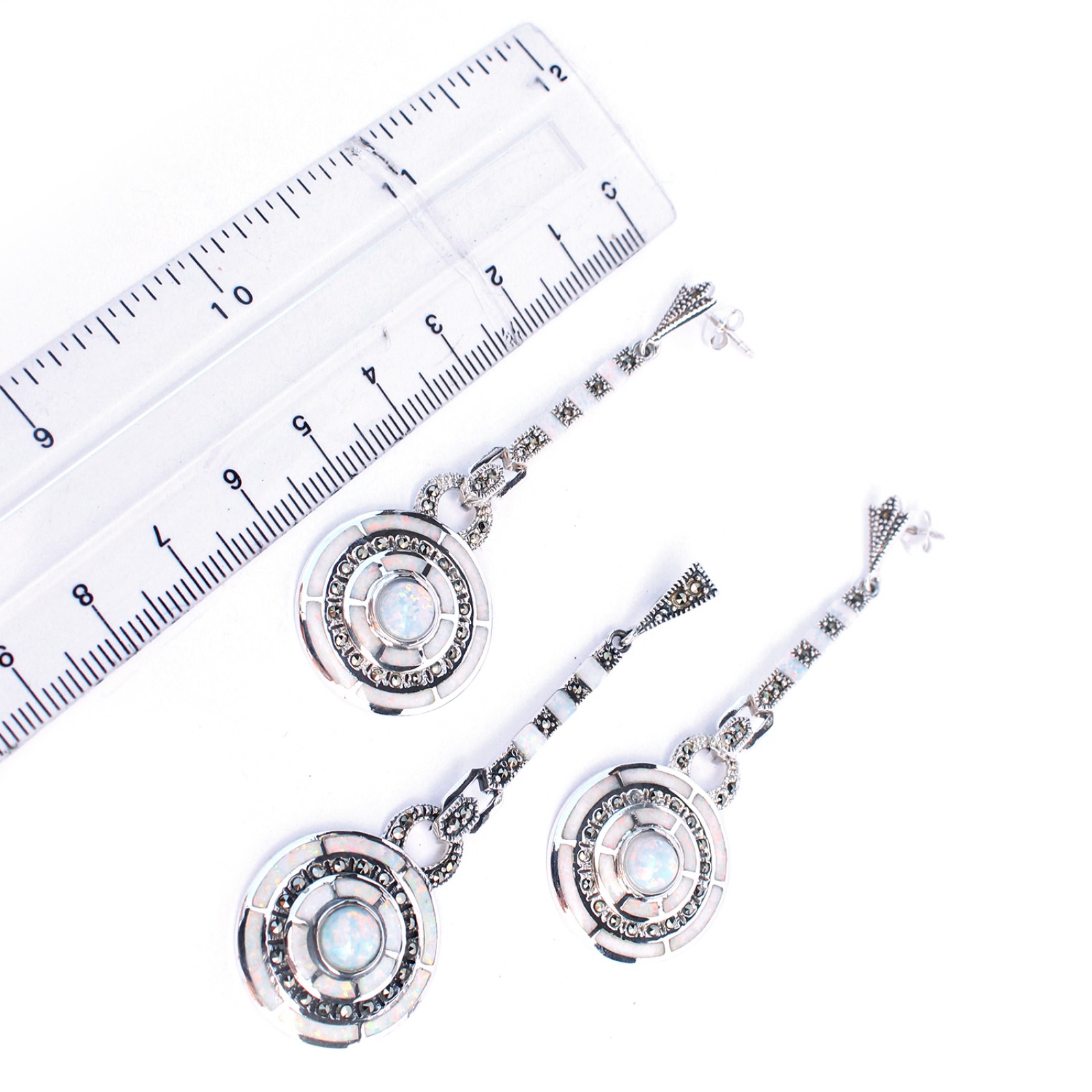 Photo of Sterling Silver Art Deco style Opal Marcasite Pendant with Earring Set