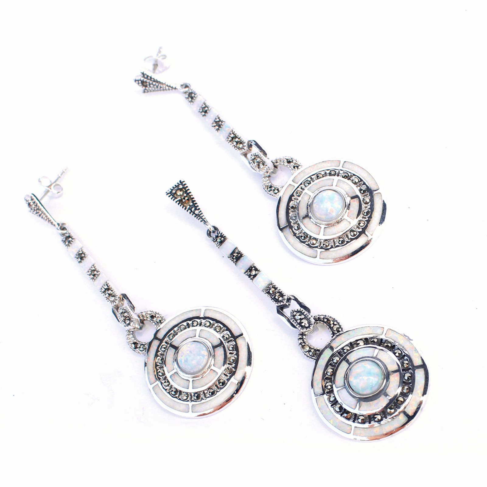Photo of Sterling Silver Art Deco style Opal Marcasite Pendant with Earring Set